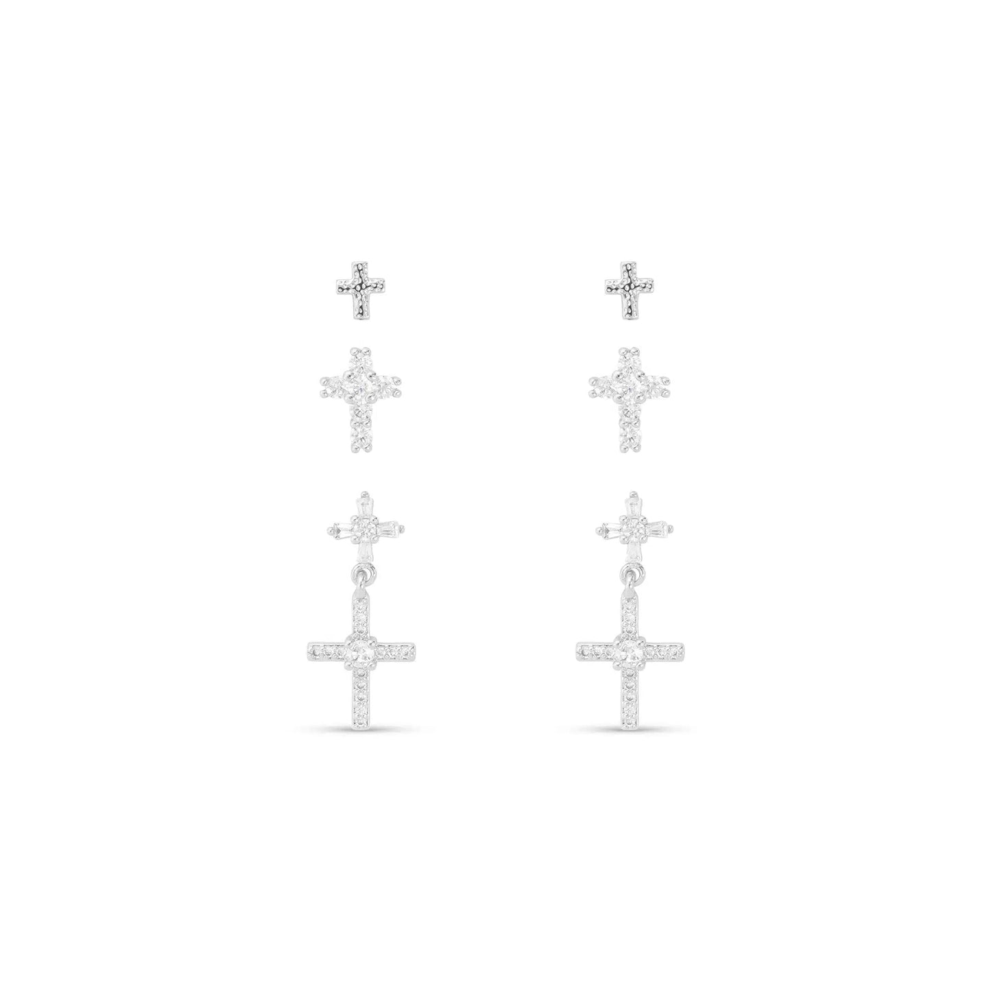 Trio of Silver Cross Earrings, Studs and Dangle
