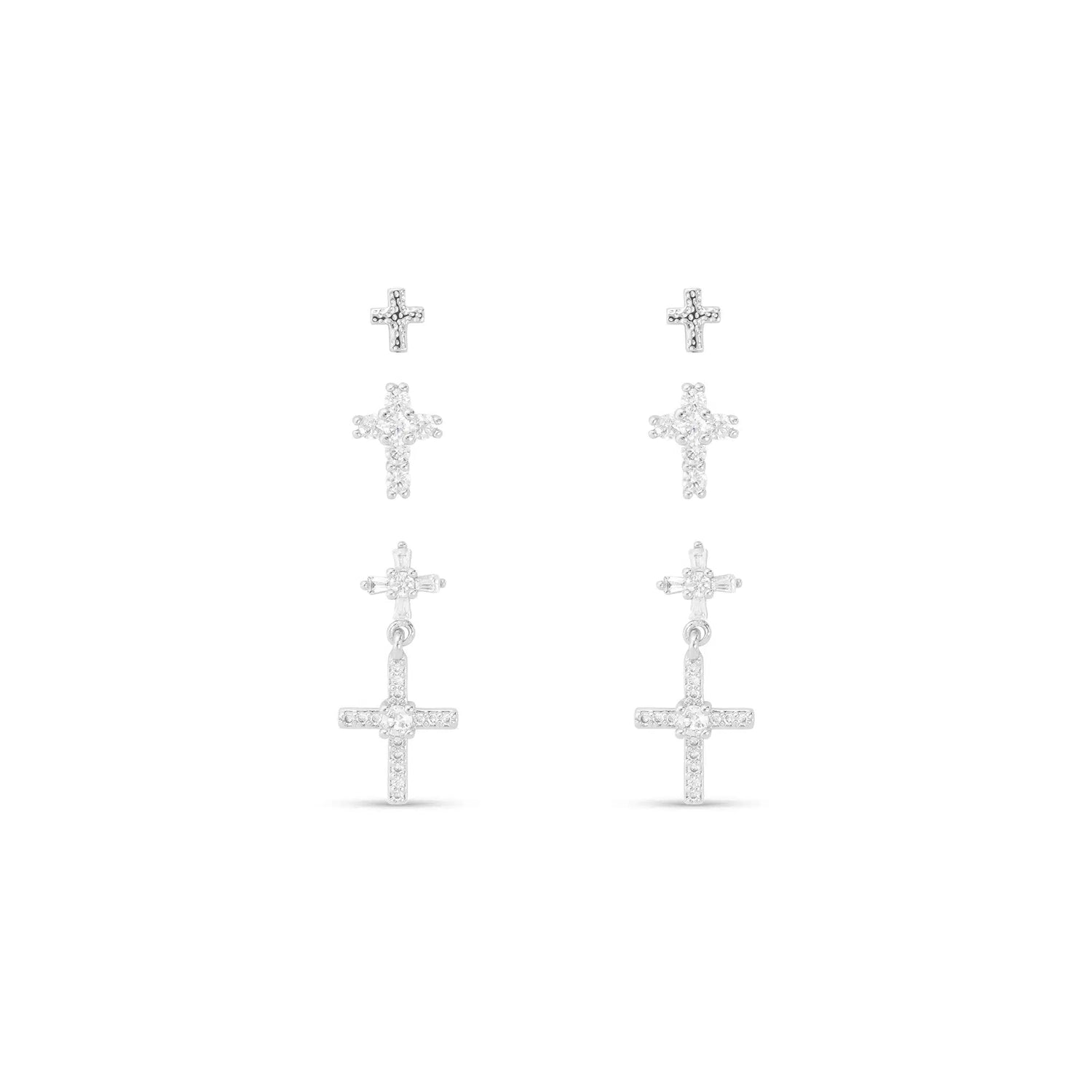 Trio of Silver Cross Earrings, Studs and Dangle