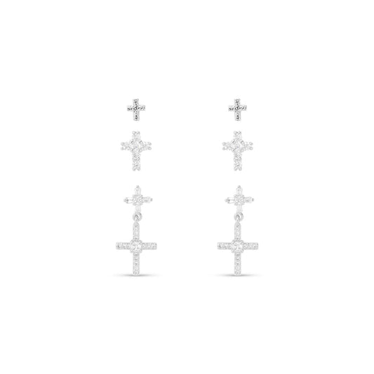 Trio of Silver Cross Earrings, Studs and Dangle