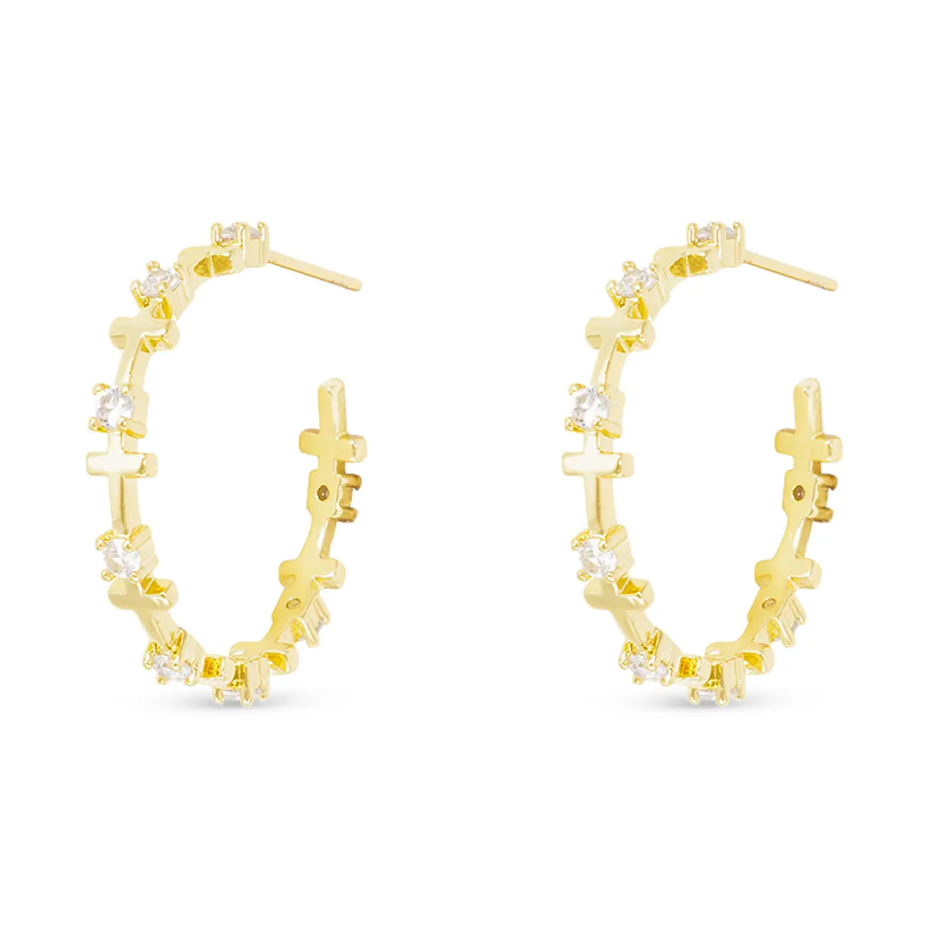 Gold Mini Cross and Crystal Hoop Earrings