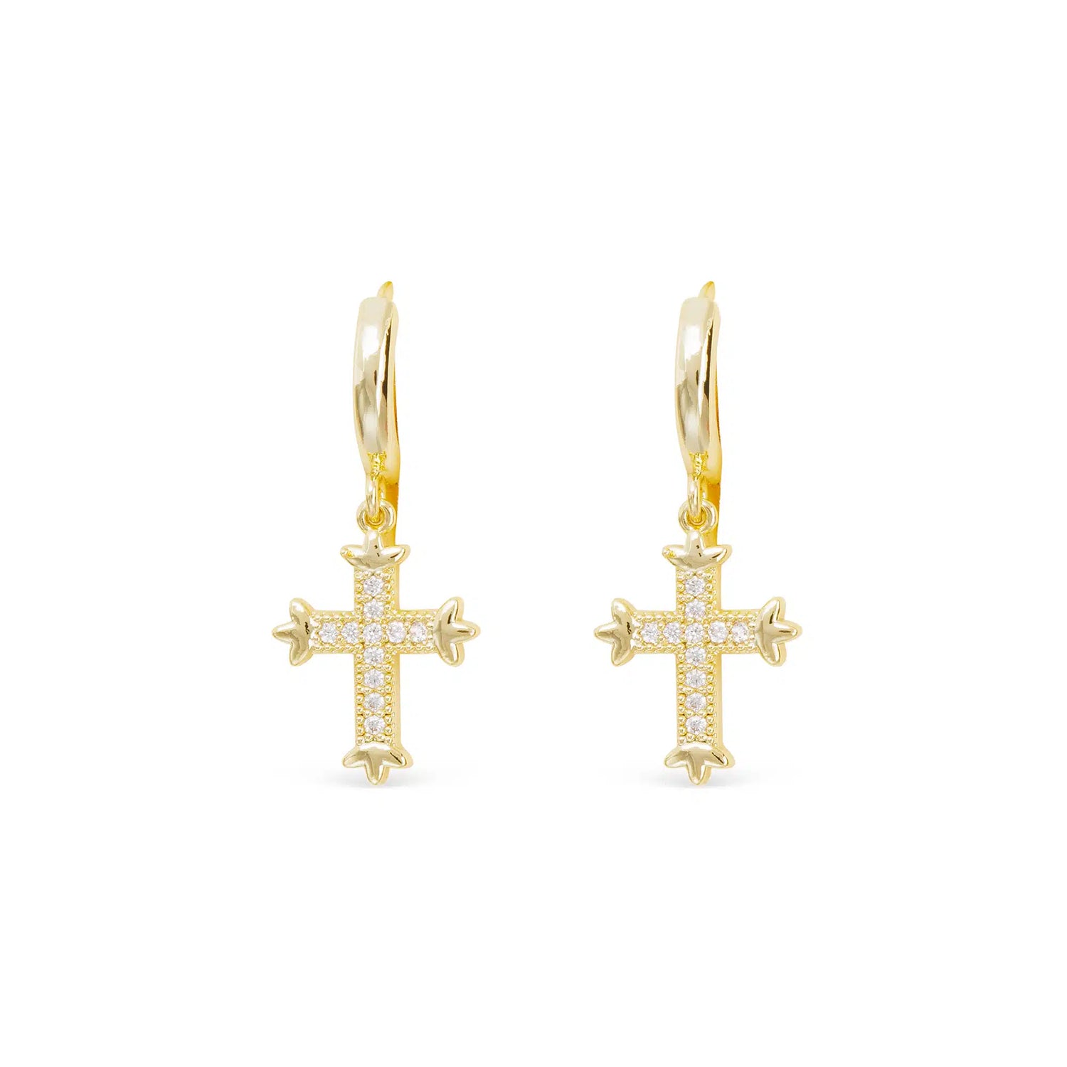 Gold Huggie Earrings with Small , Dangle Gold Crystal Cross