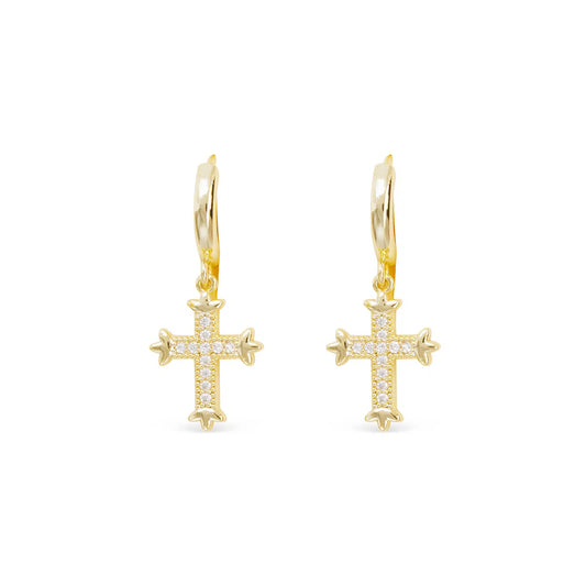 Gold Huggie Earrings with Small , Dangle Gold Crystal Cross