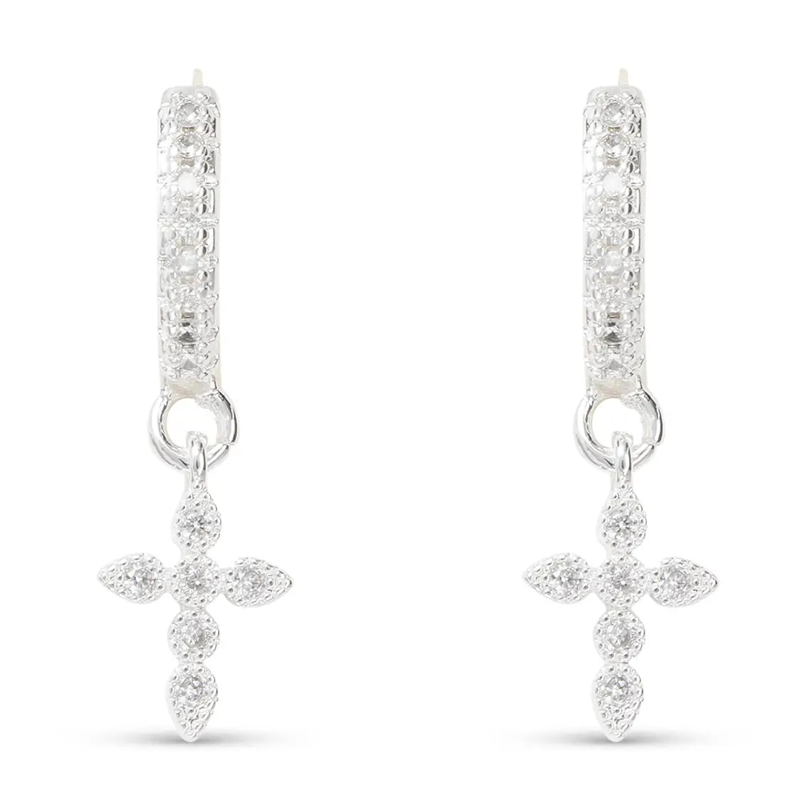 Silver Crystal Huggie Earrings with Drop Cross