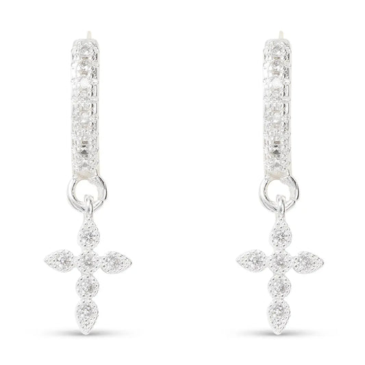 Silver Crystal Huggie Earrings with Drop Cross