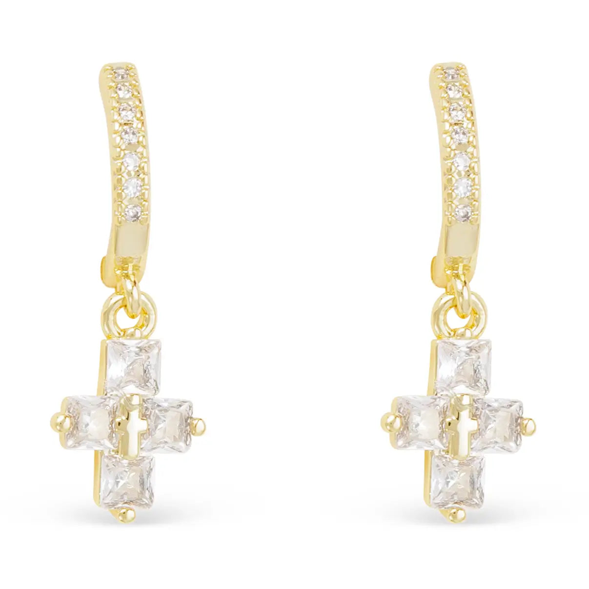 Gold Huggie Earrings filled with Crystals and Crystal Dangle Mini Crosses