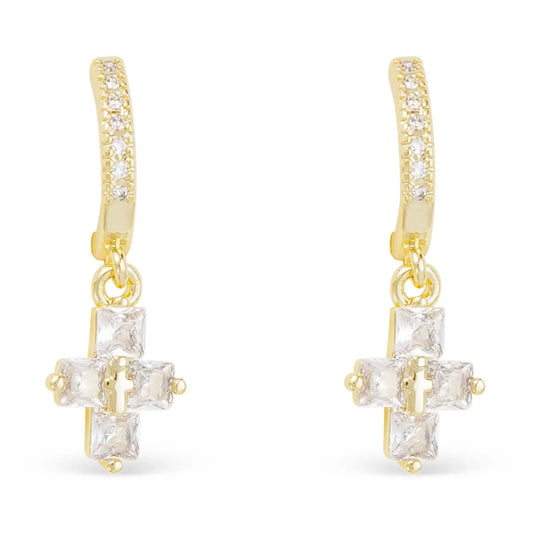 Gold Huggie Earrings filled with Crystals and Crystal Dangle Mini Crosses