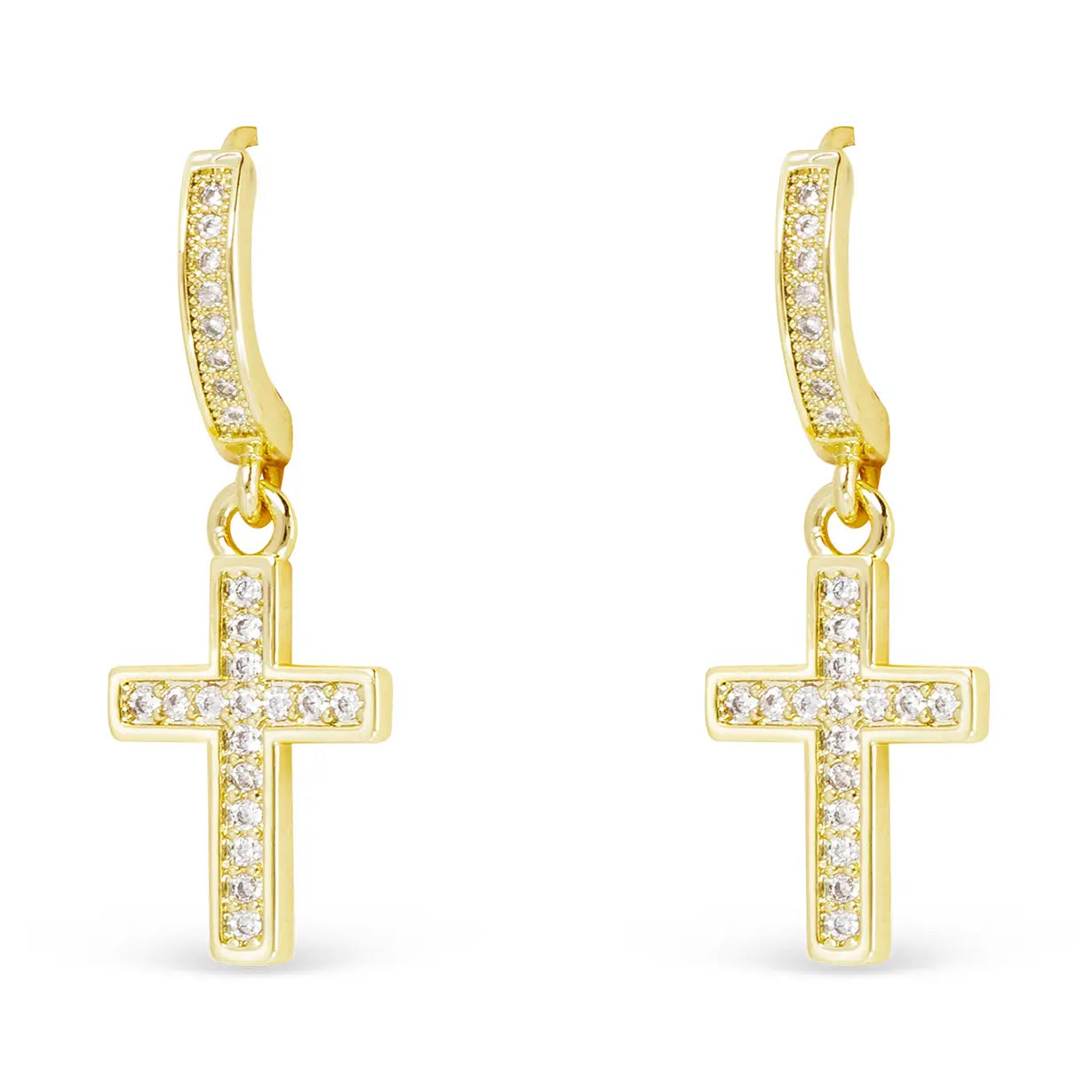 Gold Crystal Huggie Earrings with Drop Cross