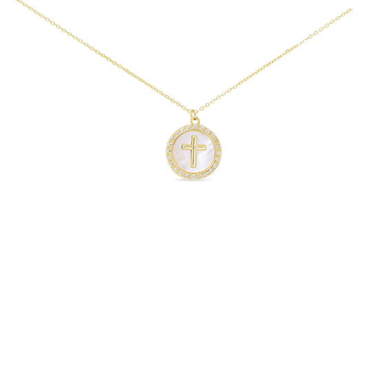 Gold Necklace with Mother of Pearl Circular Pendant and Gold Cross