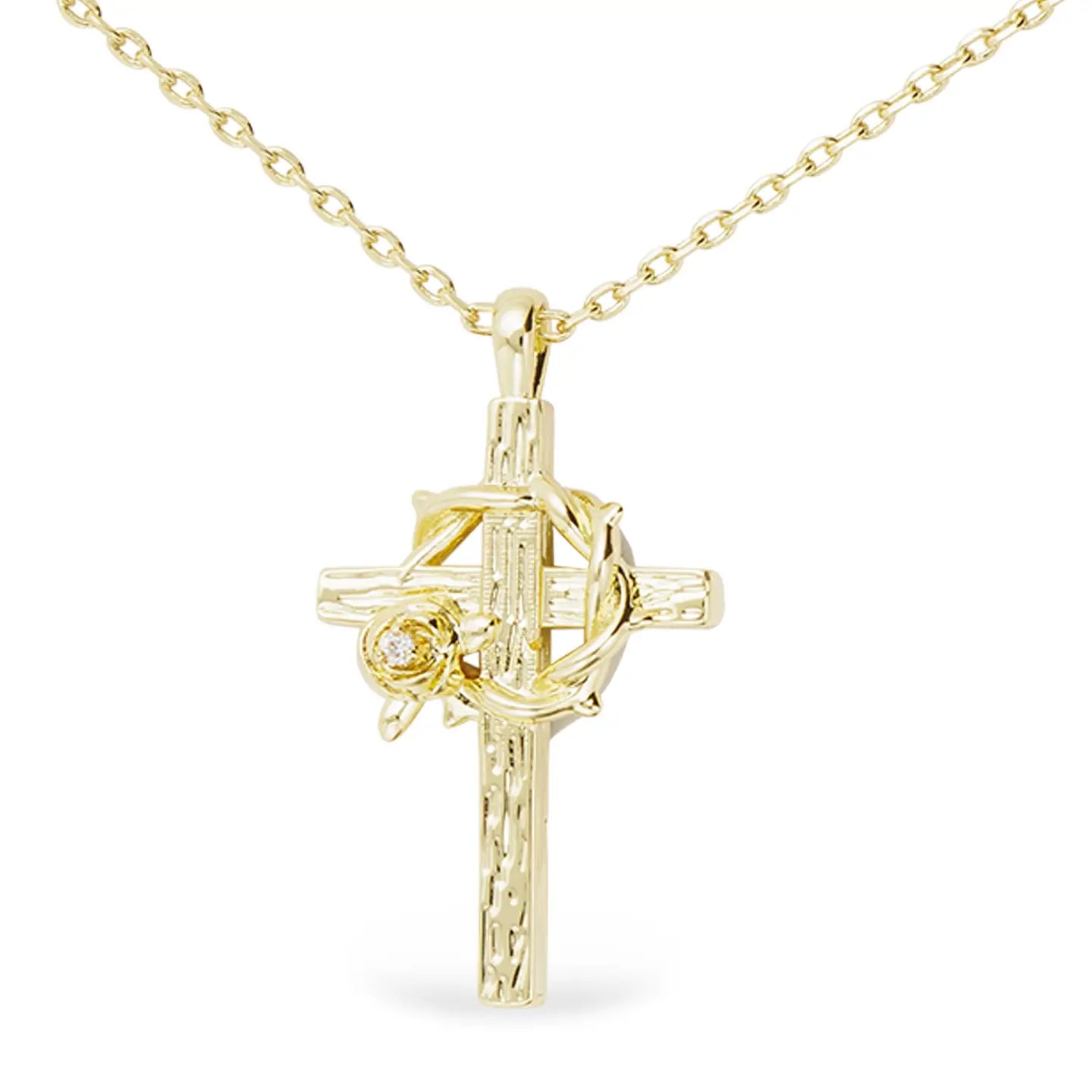 Gold Necklace with Gold Cross Pendant and Gold Thorn Crown