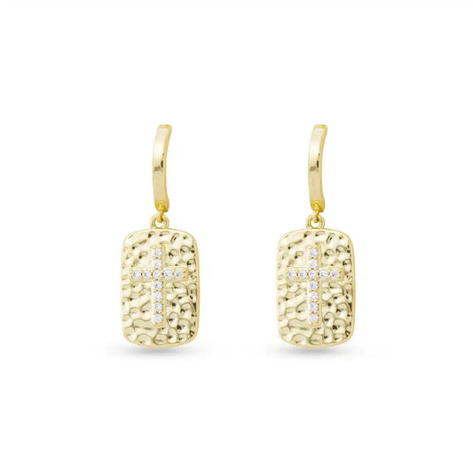 Gold drop earrings with a rectangular hammered metal pendant with a crystal cross on the pendant