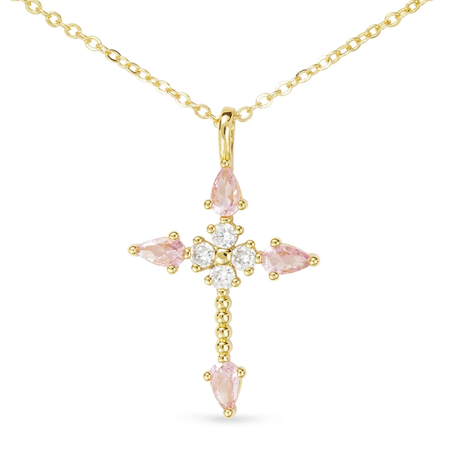 Gold Necklace with Pink Crystal and Gold Cross Pendant