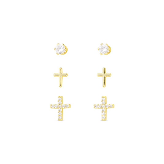 Gold and Crystal Trio of Stud Earrings