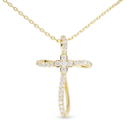 Gold Necklace with Gold Crystal Folded Cross Pendant