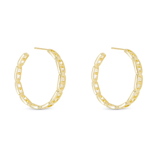 Pair of gold hoop earrings with open chain link design. 