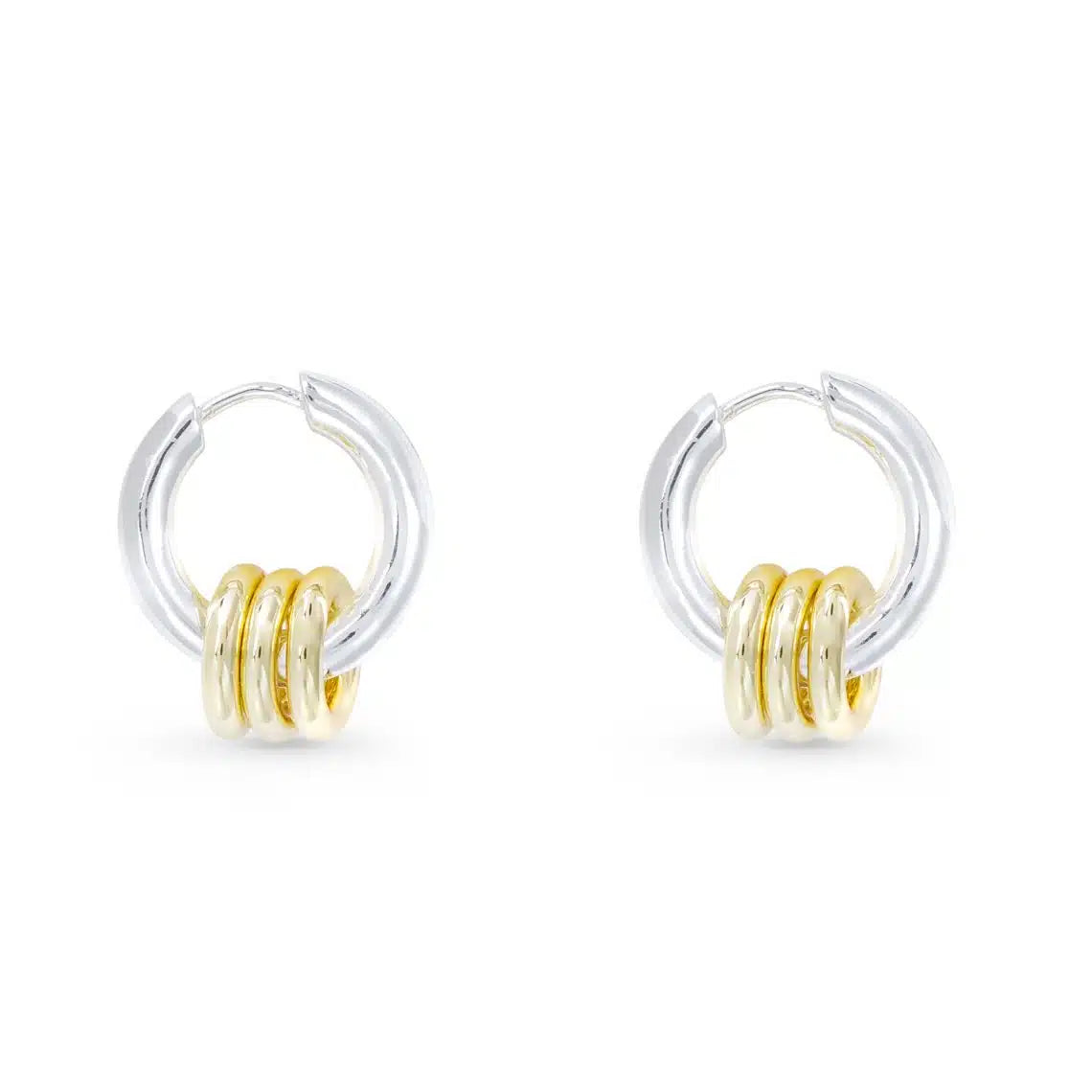 Mixed Metal Earrings, Silver Huggie Earrings with 3 Small Gold Dangles