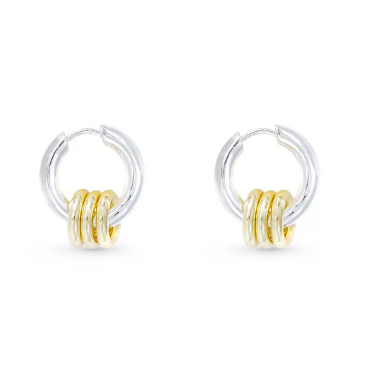 Mixed Metal Earrings, Silver Huggie Earrings with 3 Small Gold Dangles