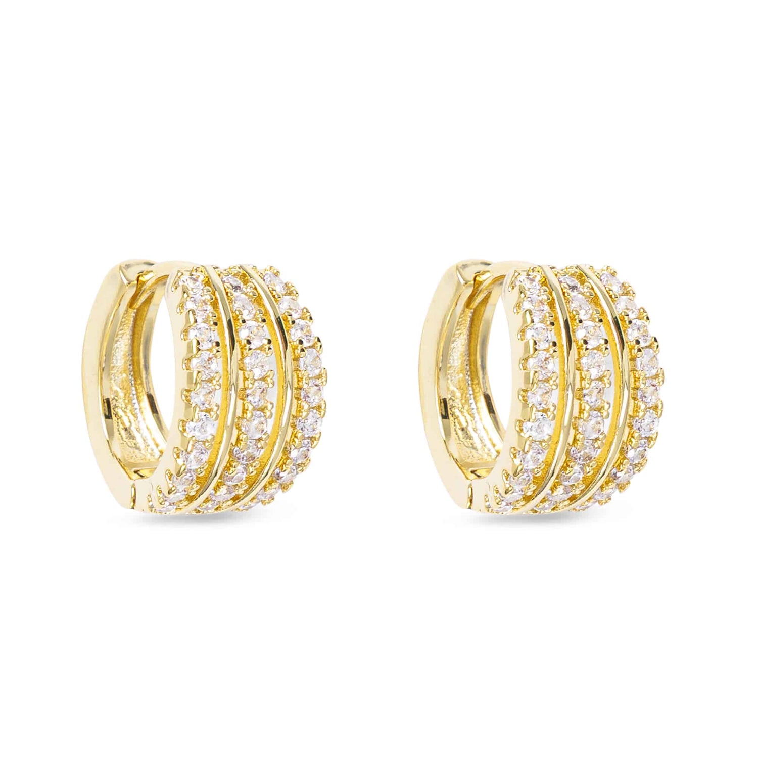 Gold Triple Huggie Earrings with Engraved Crystals