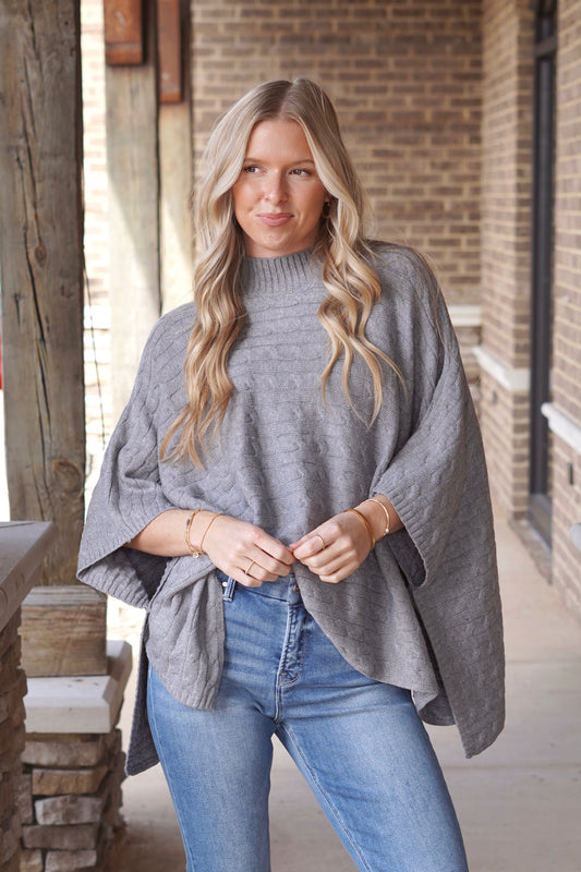 Mollie Mock Neck Poncho Sweater, Poncho Knit Sweater, Mock Neckline, Colors: Heather Grey, Oversized, Full Length, Cable Knit