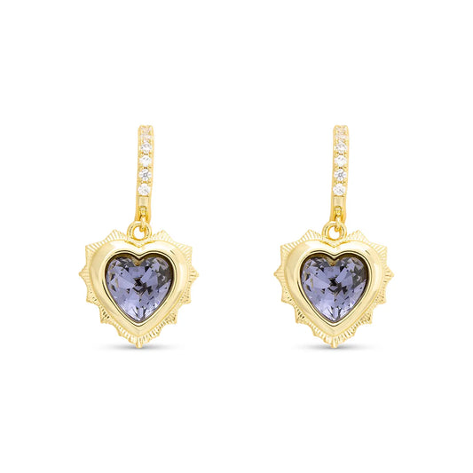 Gold Huggie Earrings with Gold Dangle Heart Pendant Filled with Birthstone Crystal