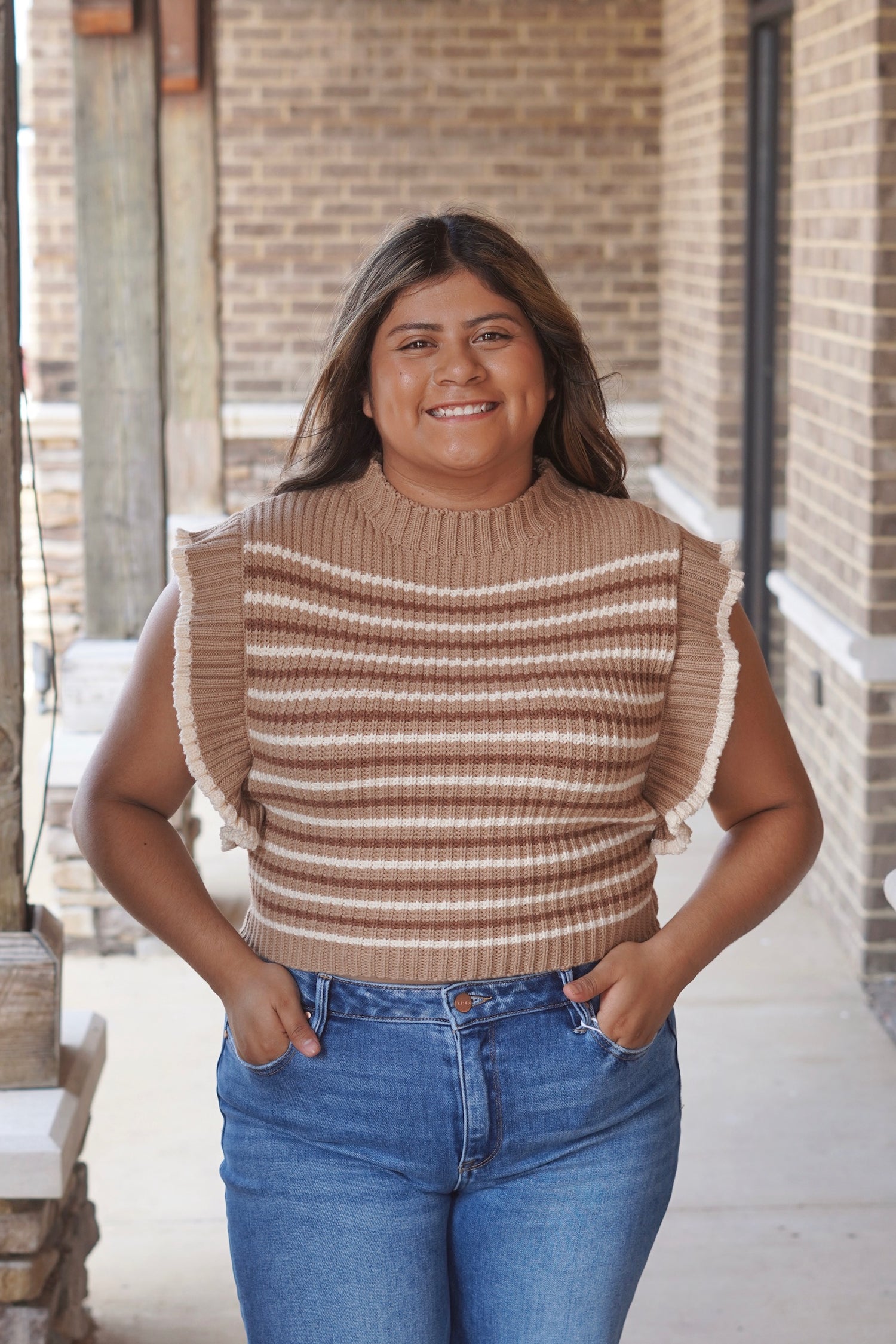 Naomi Neutral Striped Sweater Top, Round Neckline, Bat Sleeve, Ruffle Detail, Striped, Color: Brown, Relaxed Fit, Waistline Length