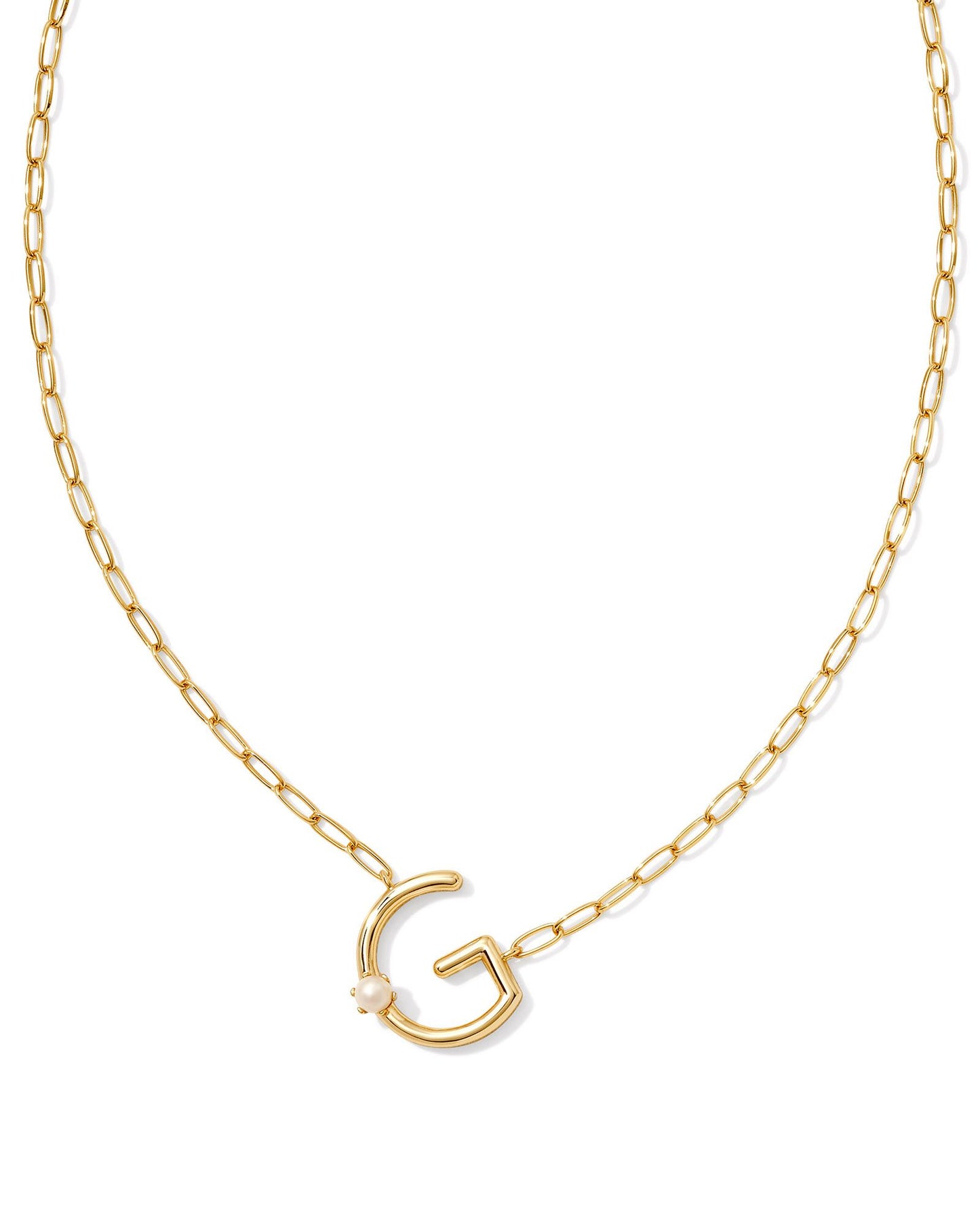 gold necklace with an initial pendant that has a singular pearl stud on it. Initial G