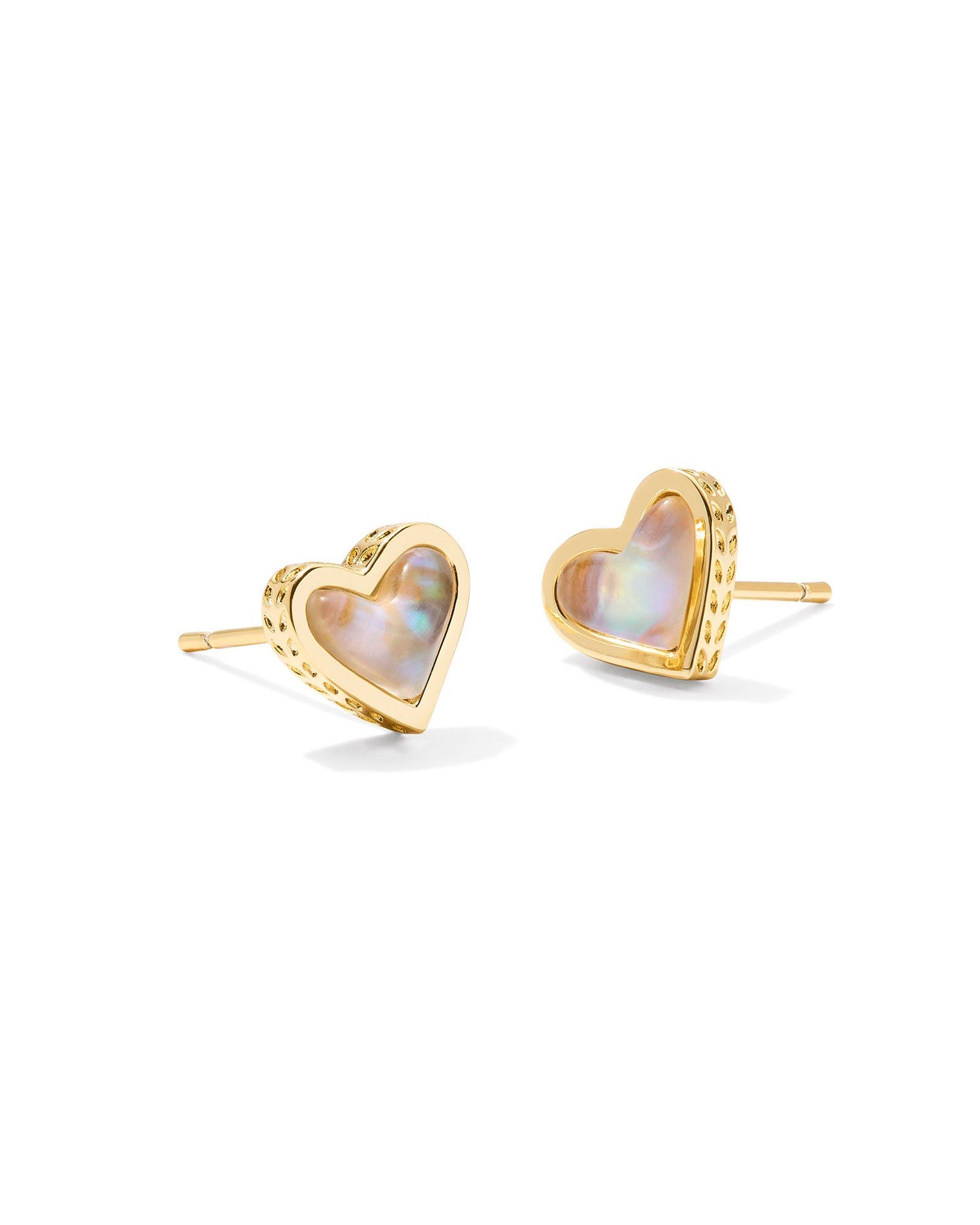 gold frame heart shaped stud earrings with an iridescent abalone stoned center