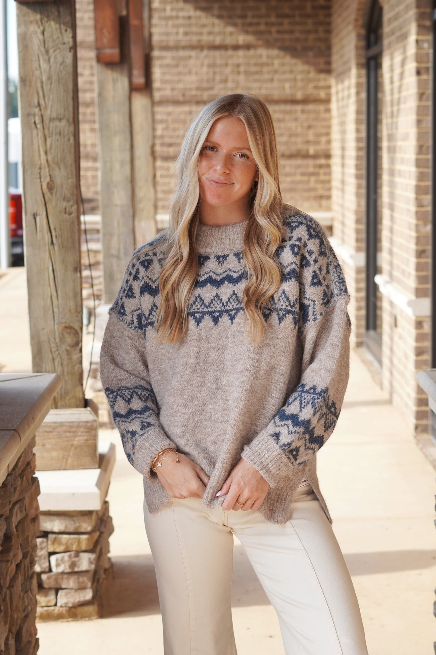 Blue Aztec Cozy Sweater, Round Neckline, Long Sleeves, Aztec Design, Color: Light Grey, Relaxed Fit, Full Length