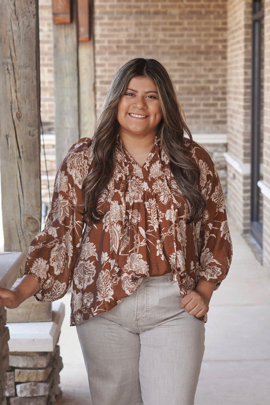 Farrah Printed Floral Blouse, V-Neckline, Front Tie, Long Sleeves, Flowy, Colors: Brown, True To Size