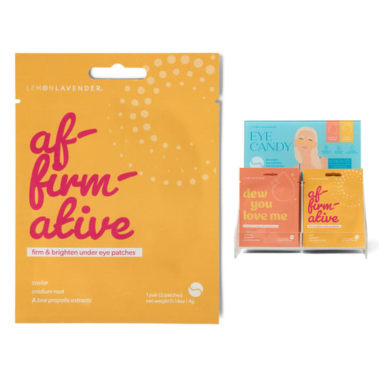 Packaging of Lemon Lavender affirmative eye patches and dew you love me patches displayed.