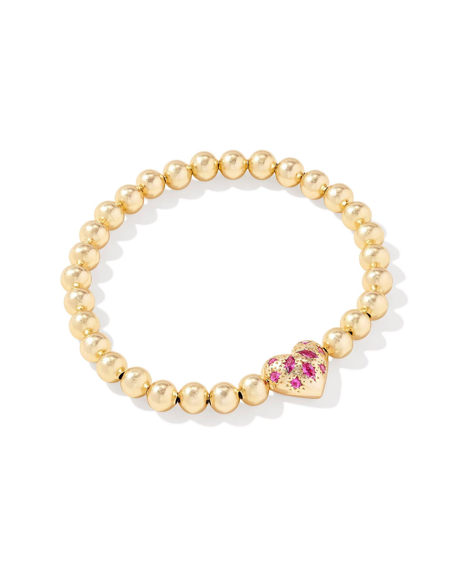 Gold beaded bracelet with Heart pendant that has pink crystals in the pendant. 
Metal- 14K Yellow Gold Plated
Closure-Stretch Bracelet
Size- 6.5' UNSTRETCHED CIRCUMFERENCE, 0.4" L X 0.35" W STATION