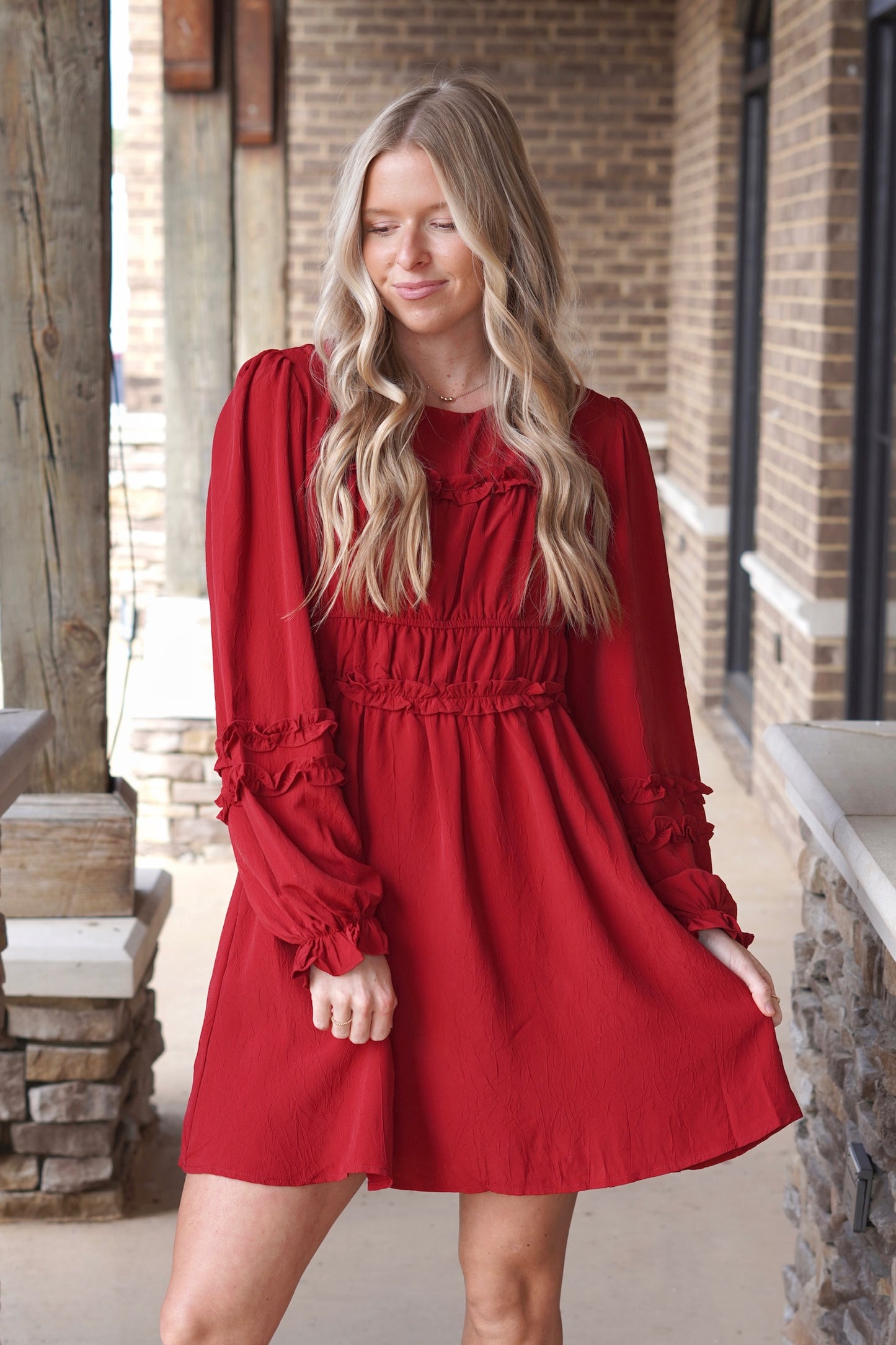 Joy Long Sleeve Mini Dress, Round Neckline, Long Sleeves, Mini Dress, Dress Underlining, Colors: Maroon, Flowy, Ruffle Details