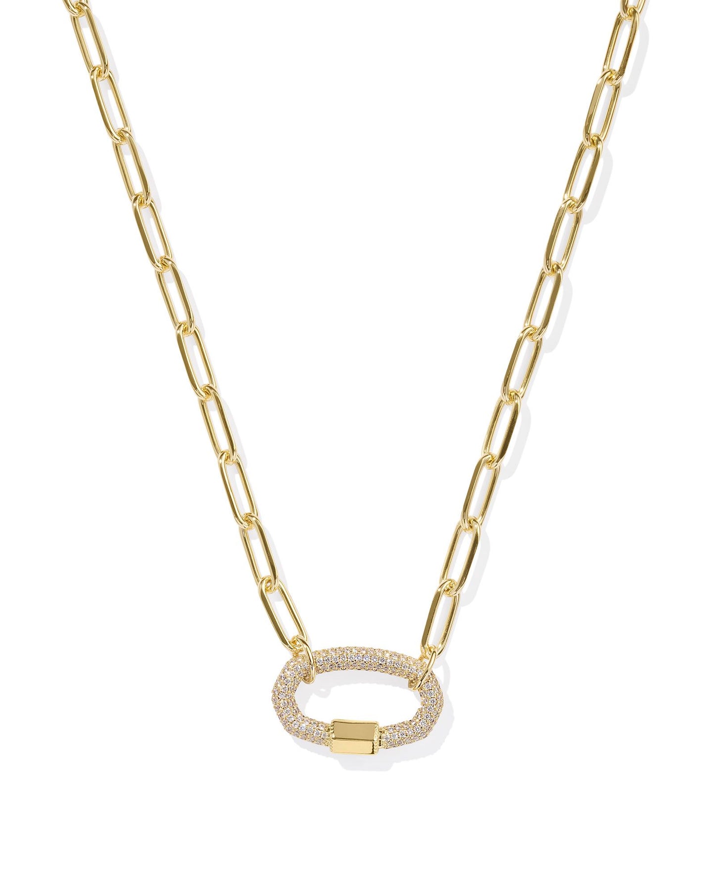 Yellow gold plated link chain necklace, small clear stones create an oval pendant with gold bar at the bottom of the pendant