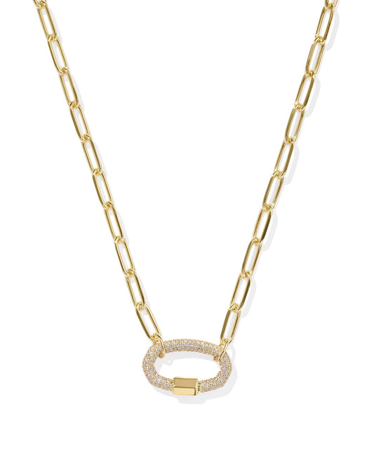 Yellow gold plated link chain necklace, small clear stones create an oval pendant with gold bar at the bottom of the pendant