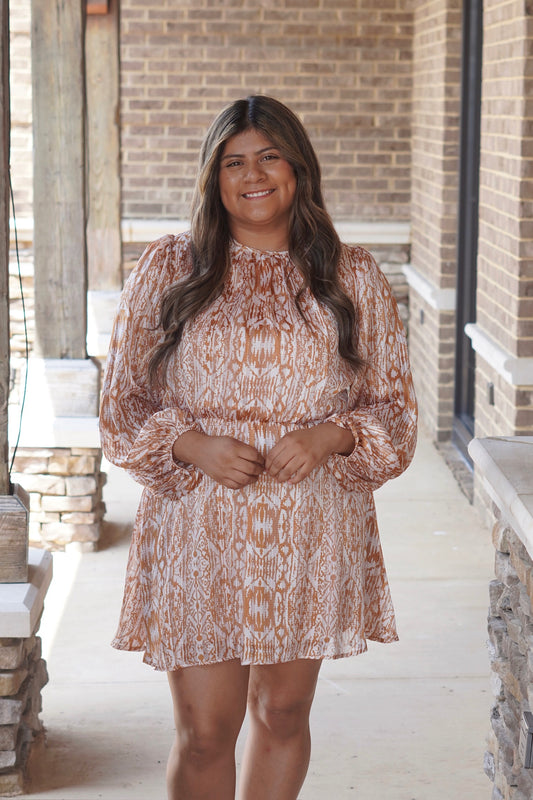 Goldie Chiffon Long Sleeve Mini Dress, Round Neckline, Long Sleeves, Cinched, Waistline, Color: Gold, Mid Thigh Length