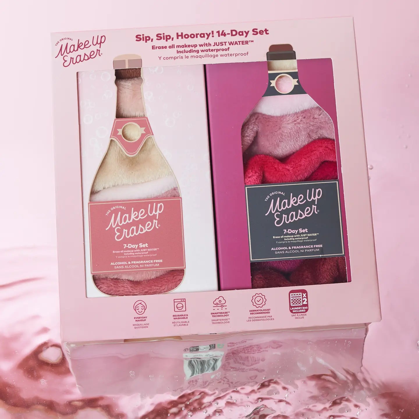 Ingredients: Ultra soft 100% polyester. 
• Weight: 7.04 oz (199.58 g)
• Dimensions: 5 x 4 in (12.7 x 10.2 cm). 2 sets of the 'bottle' shaped packaging with 7 make up erasers in each one. 