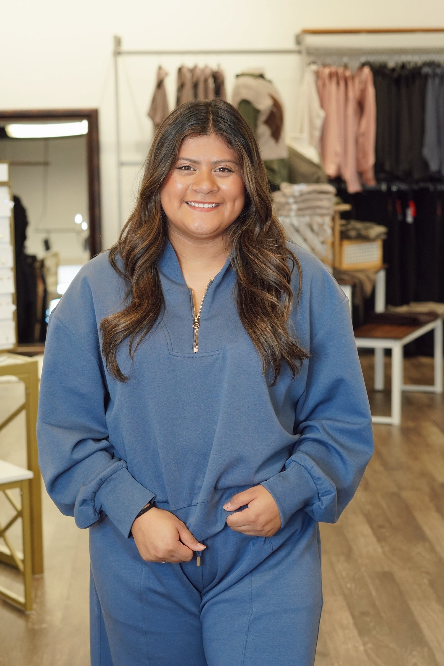 Half Zip Pullover, Gold Zipper, Full Length, Long Sleeves, Denim Blue