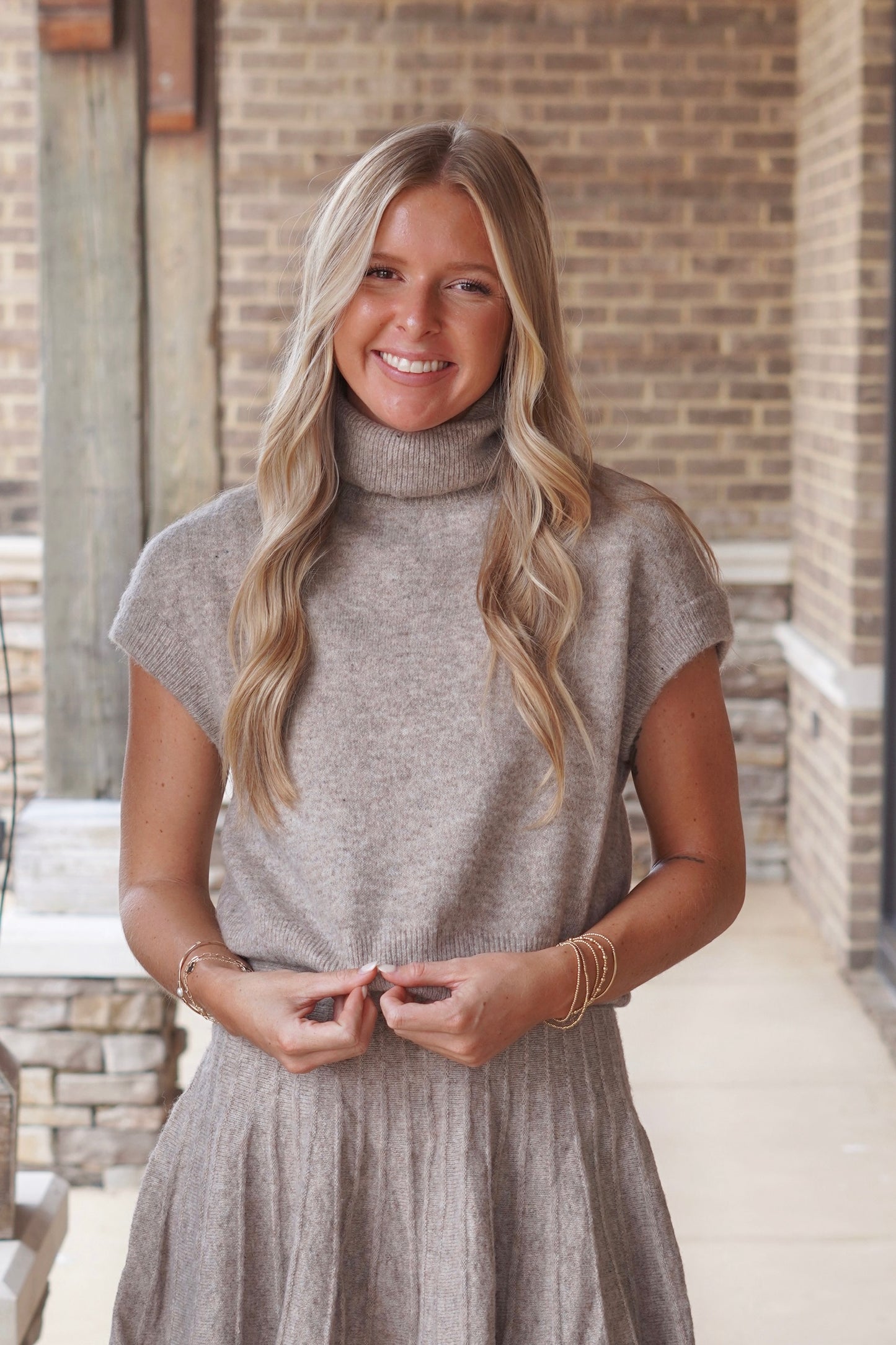 Dayle Dark Taupe Sweater Top, Turtle Neckline, Sleeveless, Color: Dark Taupe, Relaxed Fit, Waistline Length