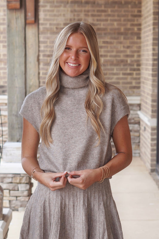 Dayle Dark Taupe Sweater Top, Turtle Neckline, Sleeveless, Color: Dark Taupe, Relaxed Fit, Waistline Length