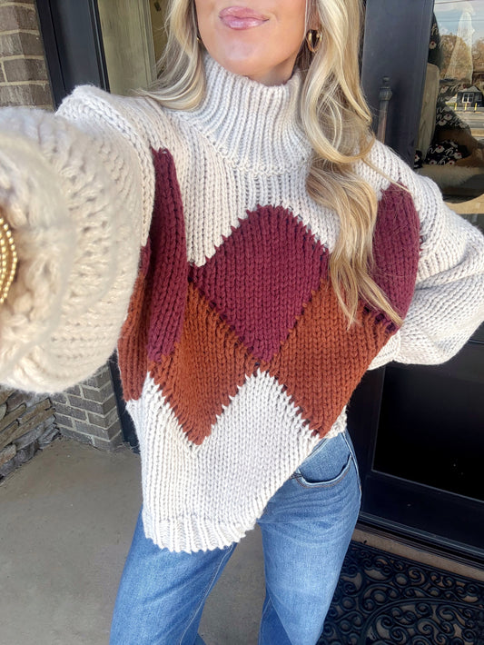 Tate Turtleneck Yarn Sweater, Turtle Neckline, Long Sleeves, Yarn sweater, Oversized, Full Length, Color: Stone Combo