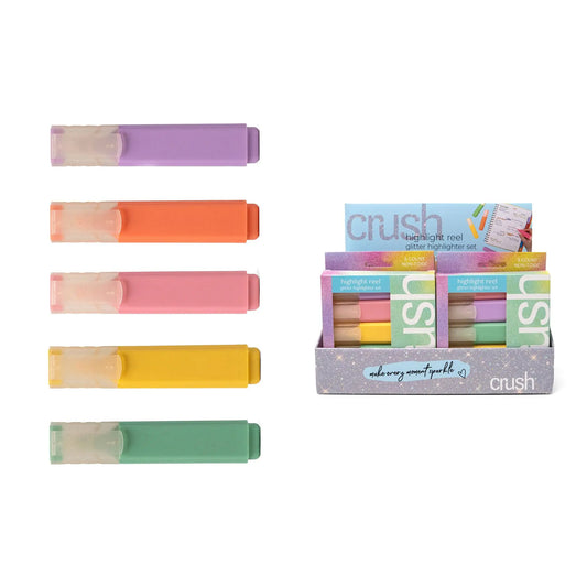 Set of 5 colorful highlighters including green, yellow, pink, orange, and purple with packaging displayed.