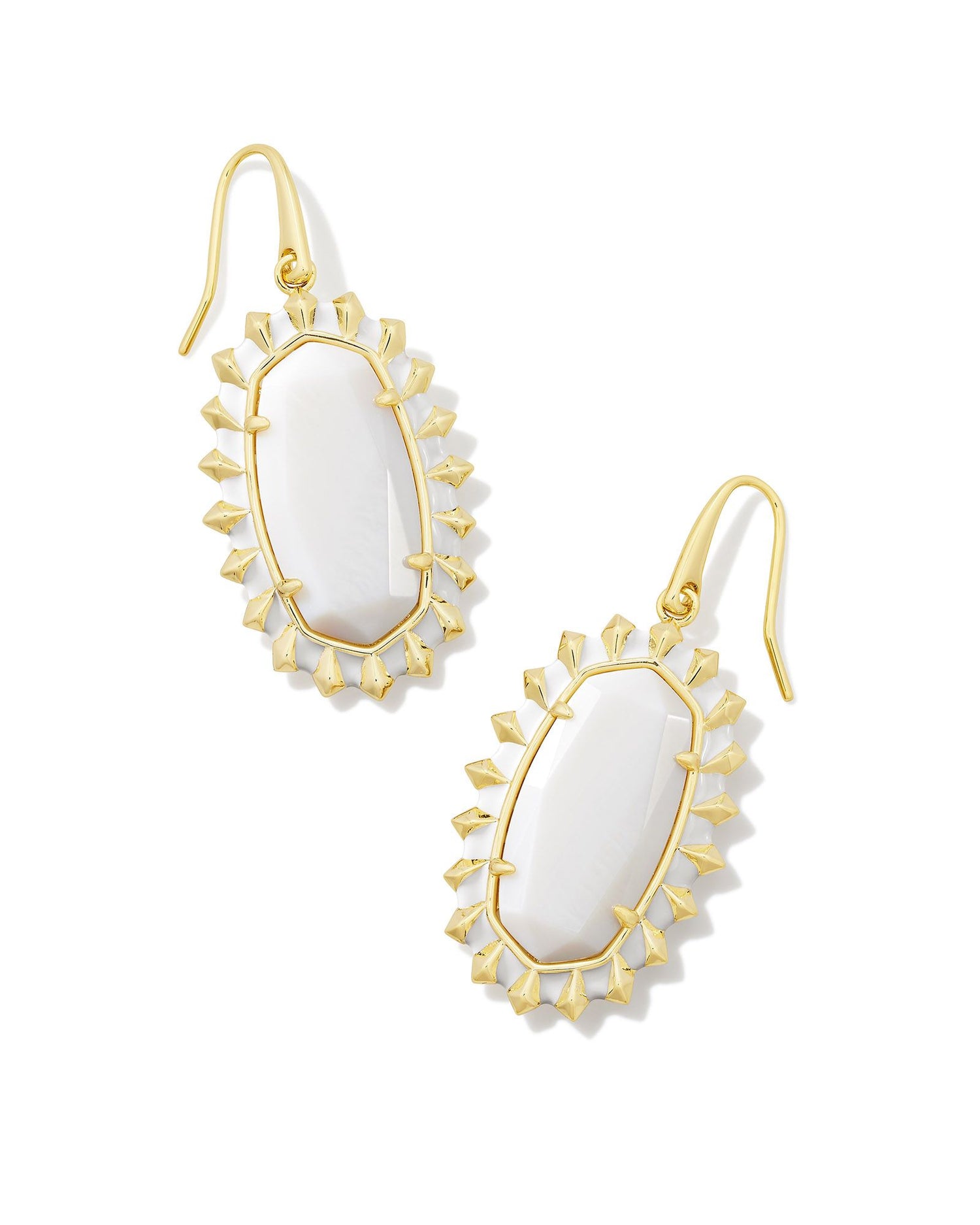 white and gold color burst oval shaped drop earrings