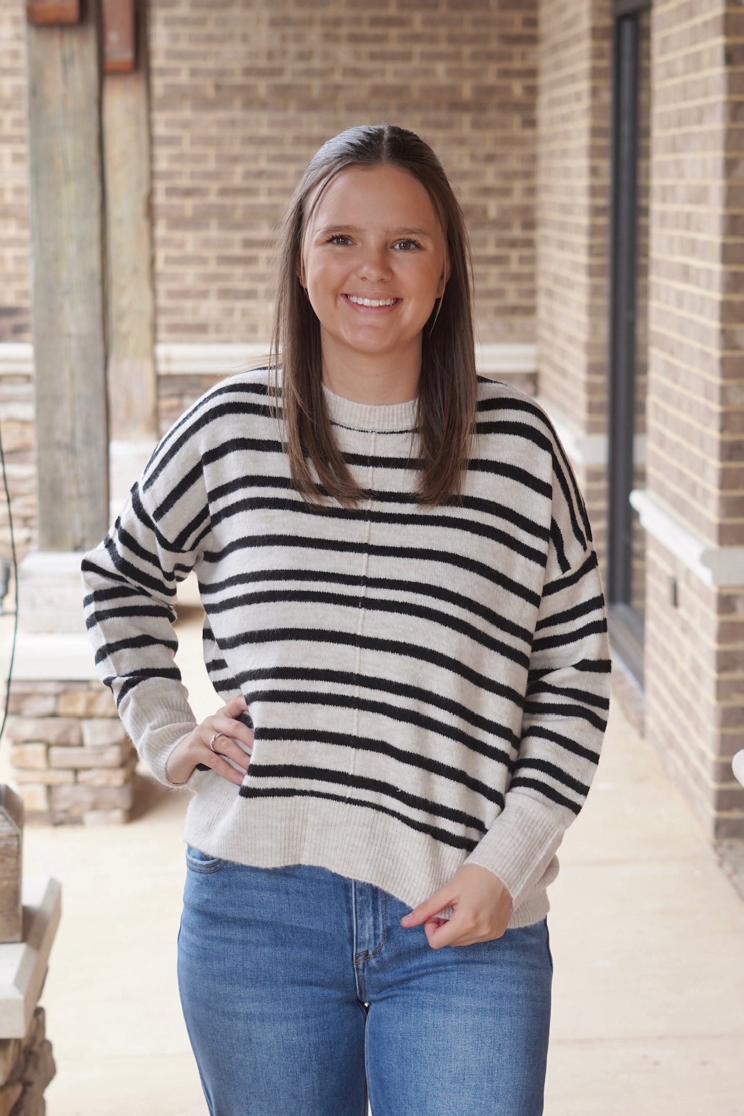 Taylor Striped Long Sleeve Sweater, Round Neckline, Long Sleeves, Striped, Relaxed Fit, Front Seam Detail, Striped, Color: Cream