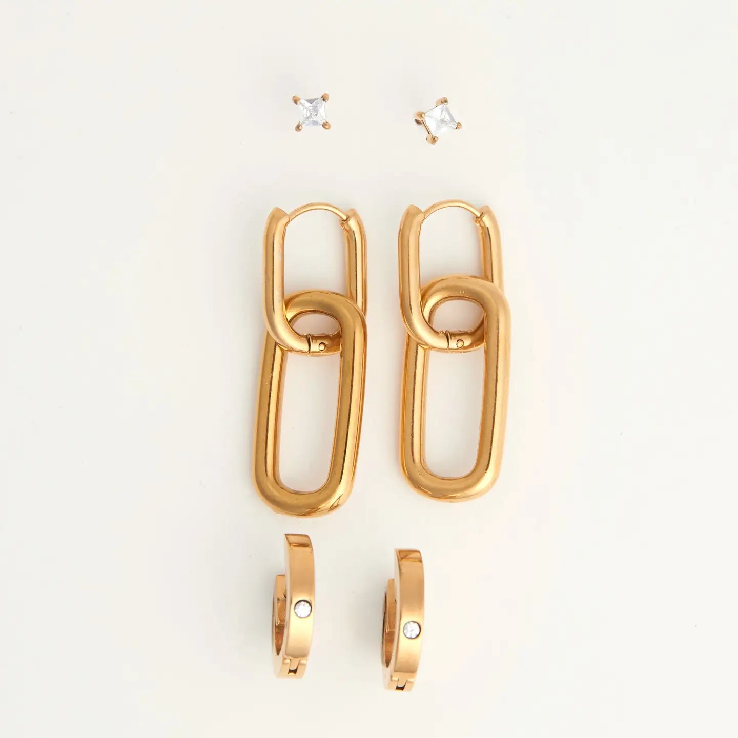 Double Linked Hoop Earring Trio, double linked hoop earring, crystal earring, gold hoop with crystal