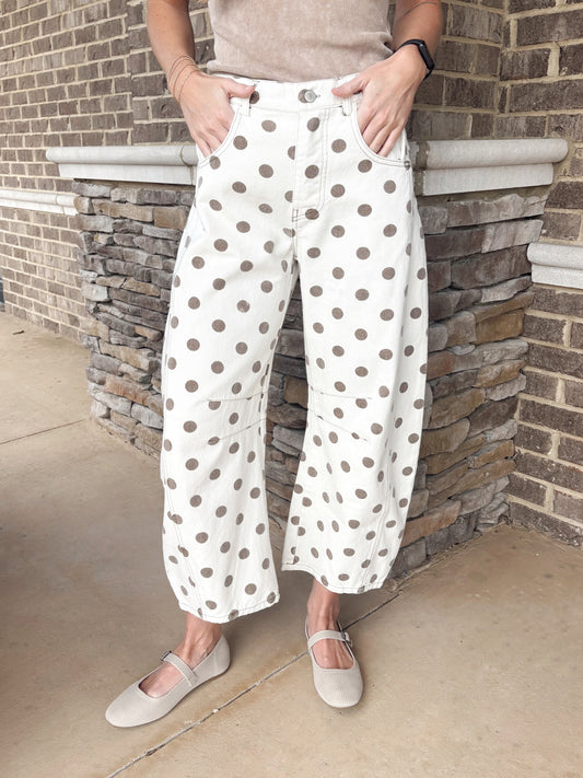 White Barrel Jeans with Brown Polk Dot.