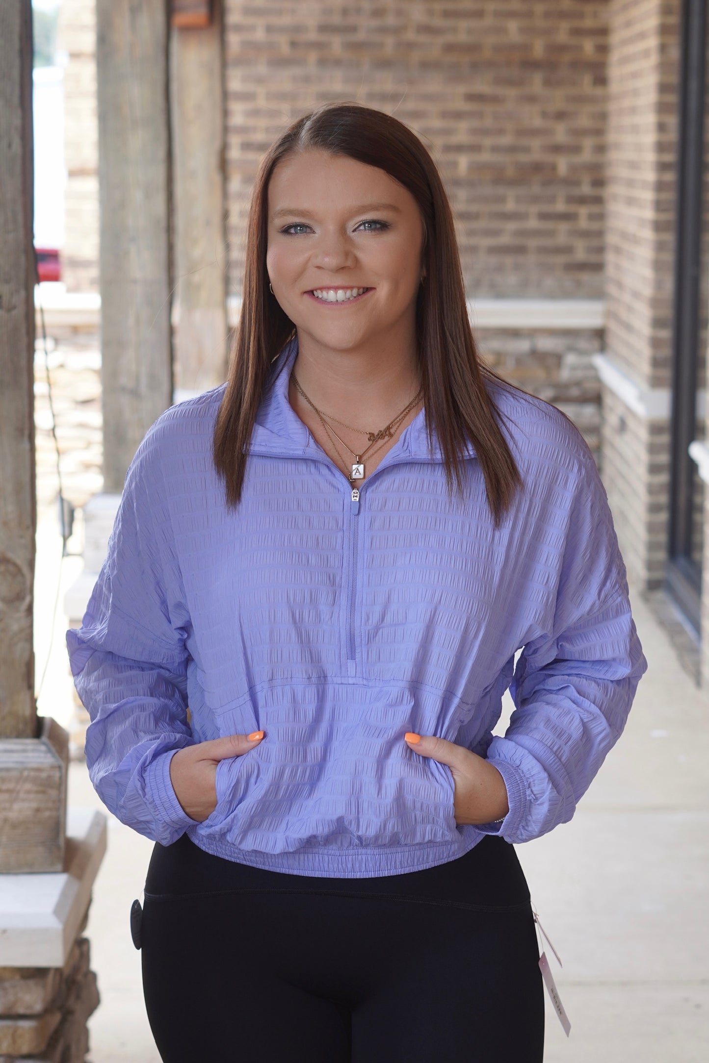 Amethyst Spanx Textured Half Zip, Relaxed Fit, Mid-Hip Length: Away from body pullover jacket with convenient half zip for customizable coverage