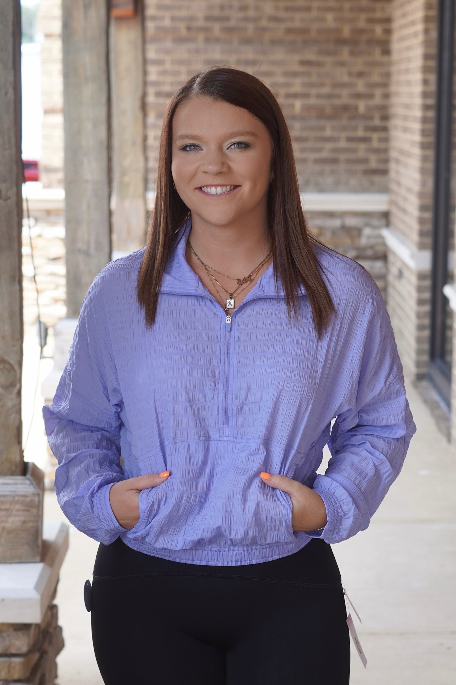 Amethyst Spanx Textured Half Zip, Relaxed Fit, Mid-Hip Length: Away from body pullover jacket with convenient half zip for customizable coverage