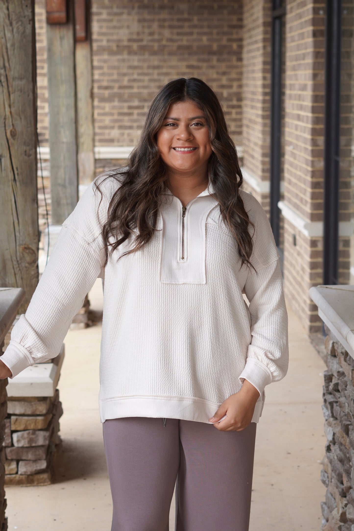 Hayden Half Zip Casual Pullover, Half Zip, Collar Neckline, Long Sleeves, Full Length, Relaxed Fit, Colors: CreamWaffle Knit