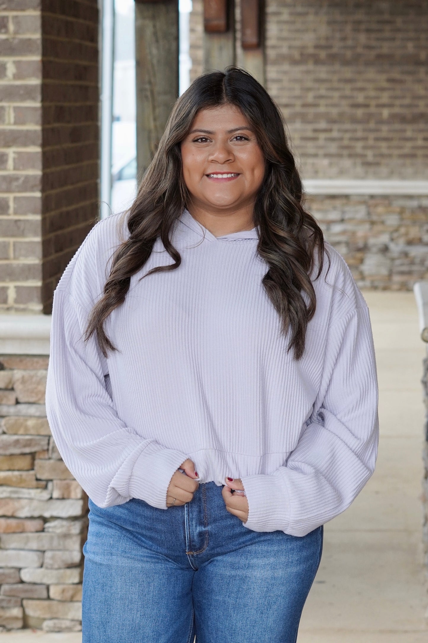 Kylie Casual Cropped Ribbed Hoodie, Hooded Neckline, Long Sleeves, Cropped Length, Ribbed Material, Colors:  Lilac, Relaxed Fit 