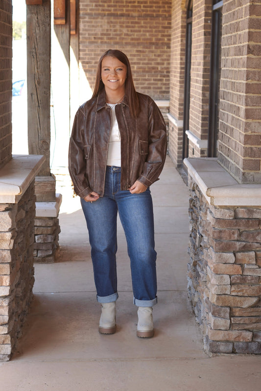 Collared Faux Leather Jacket, Long Sleeves, Zip Up, Button Detail, Pockets, Patchwork Detail, Washed Pattern, Dark Brown 