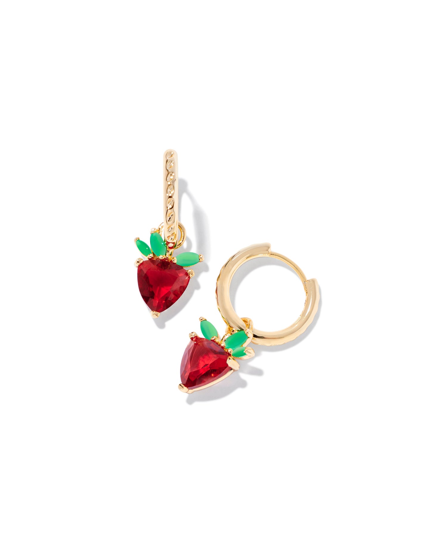 small gold huggie earrings with a crystal strawberry charm